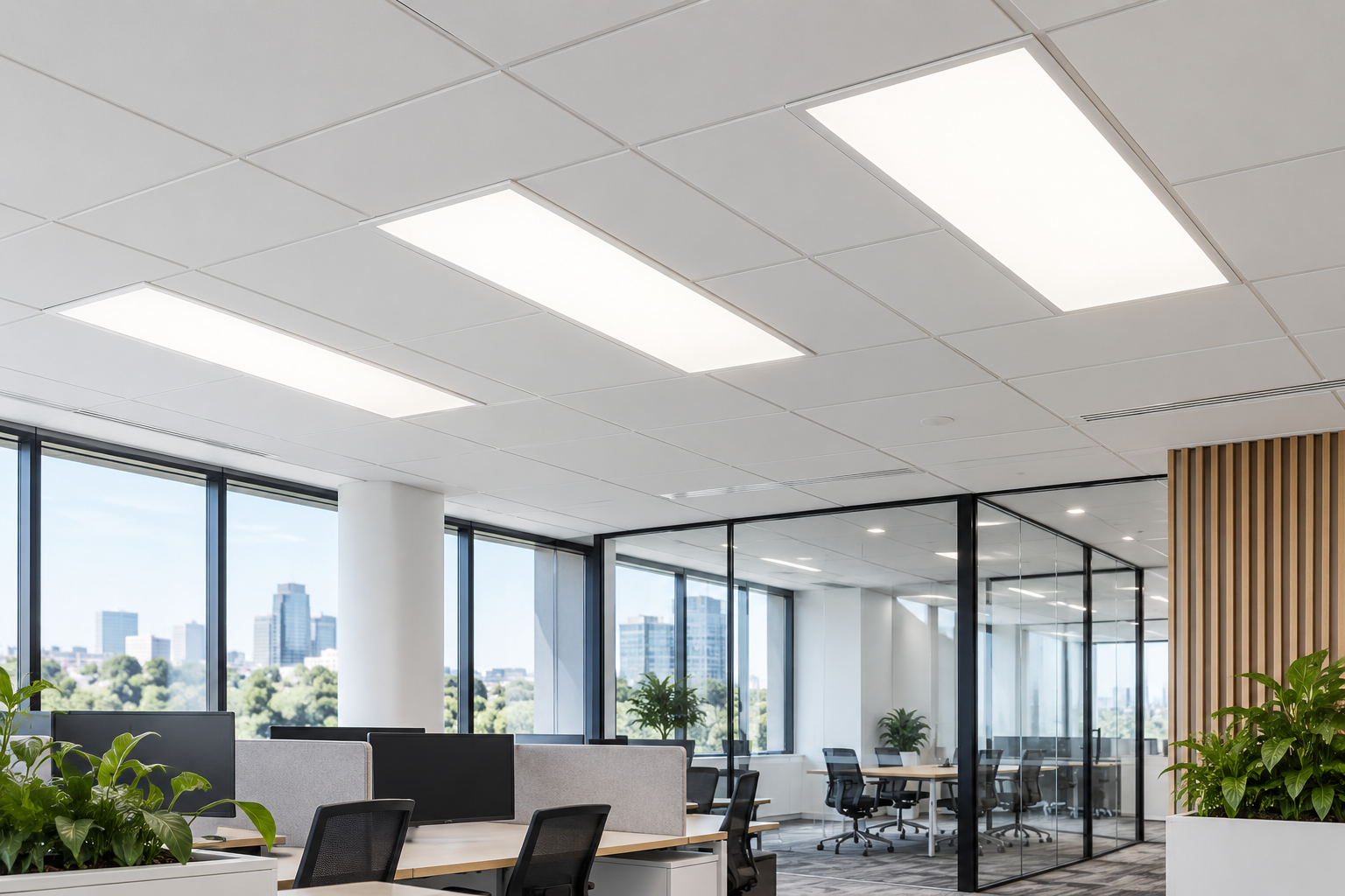 Commercial LED panel lighting in a modern workspace